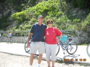 My husband and I riding bikes on vacation!